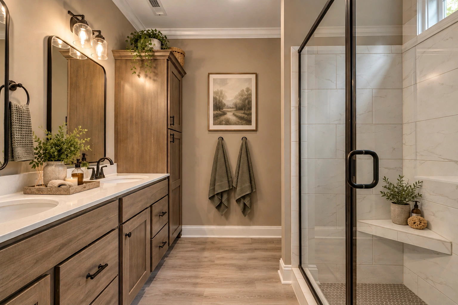 Stylish bathroom with wood cabinets and glass shower