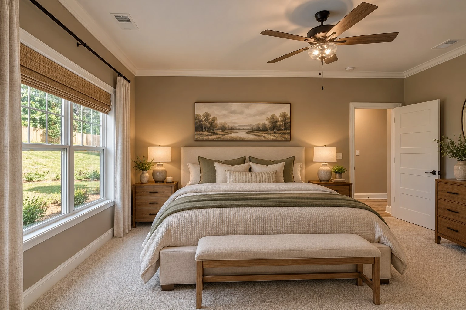Modern bedroom with ceiling fan