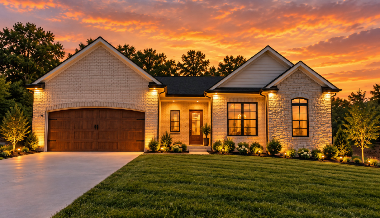 Modern house with sunset sky
