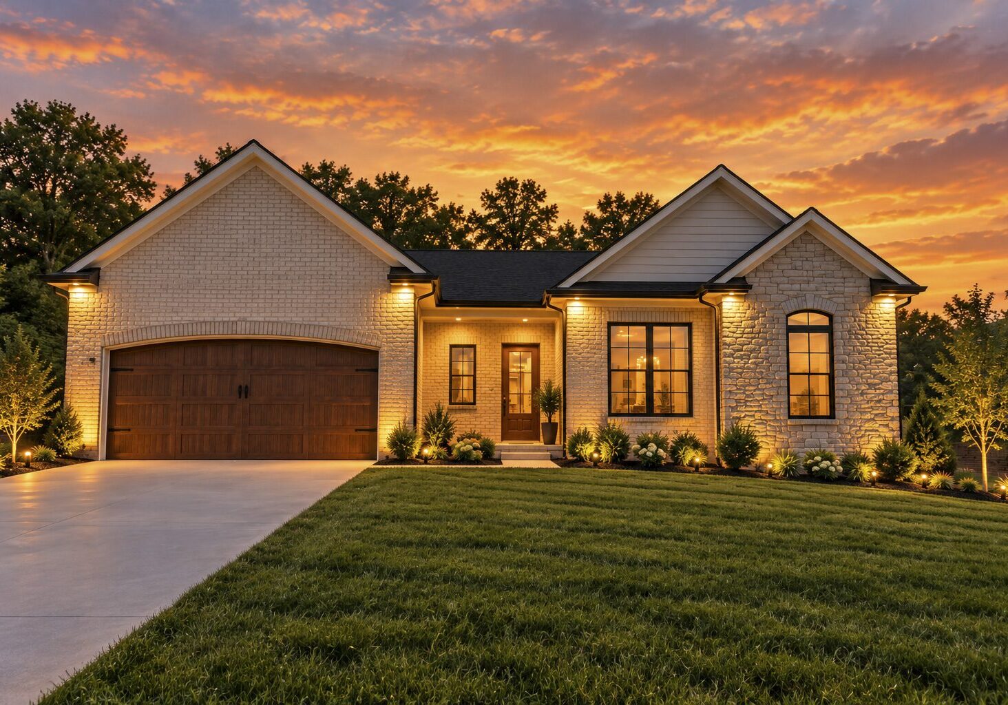 Stone and brick home with vibrant sky