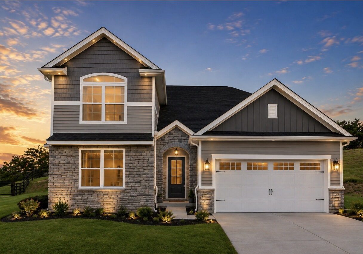 Modern gray house at sunset