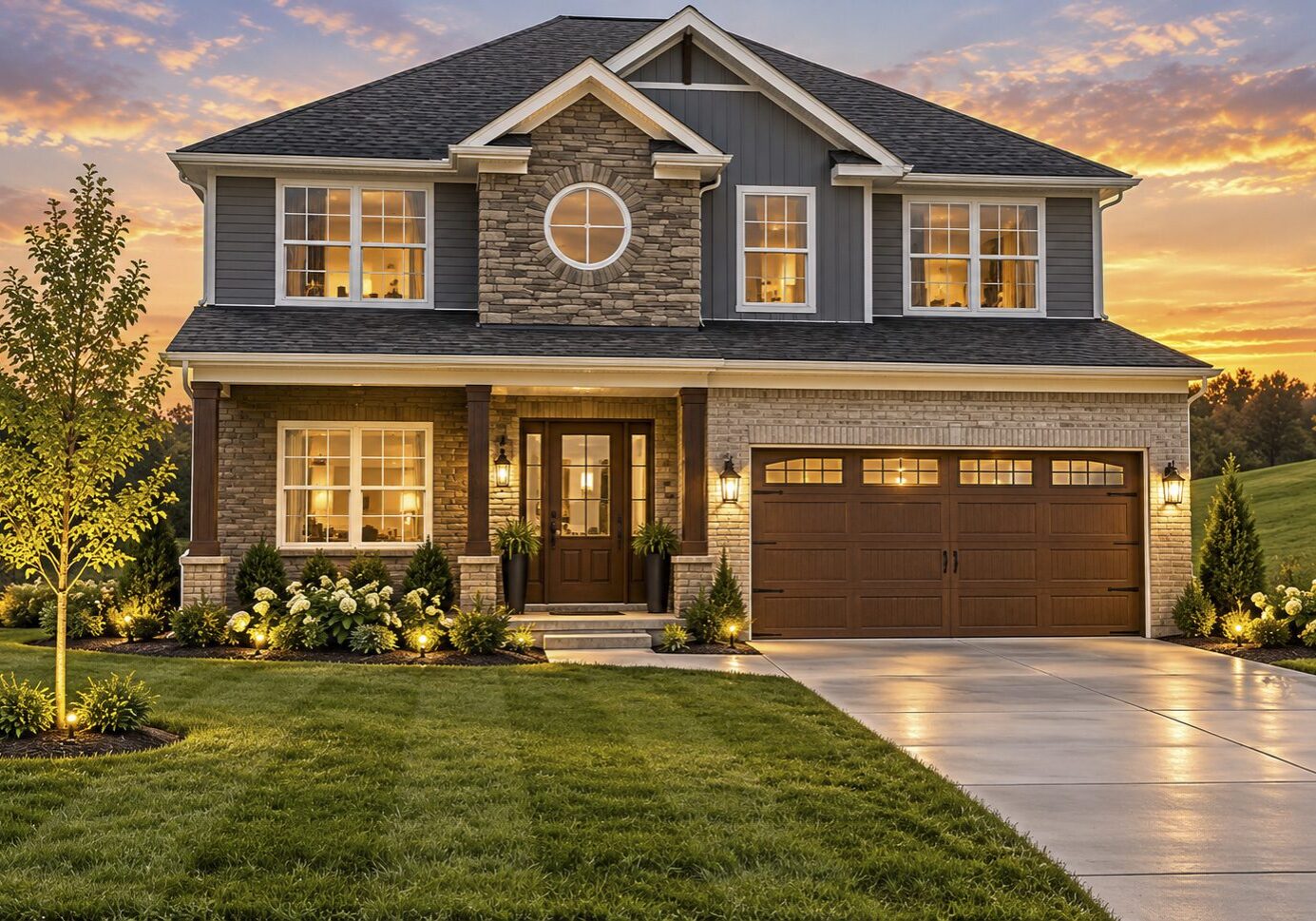 Inviting home with warm lights at dusk