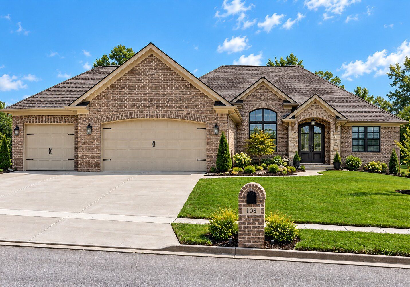 Large brick home with green lawn