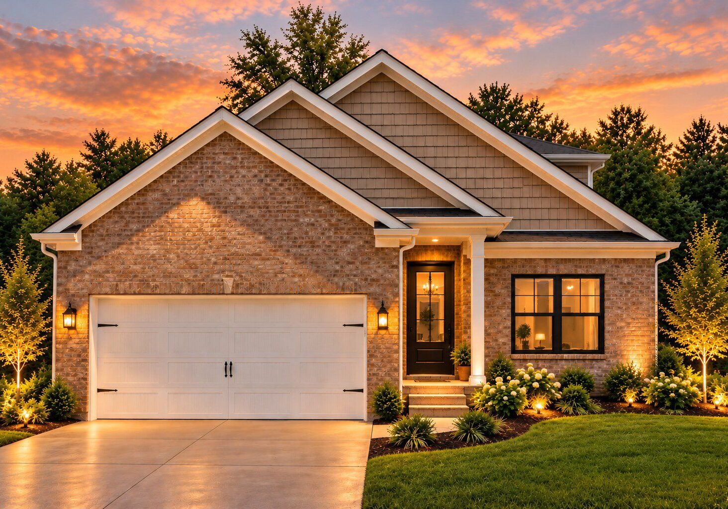 Beautiful suburban home with landscaped yard at sunset