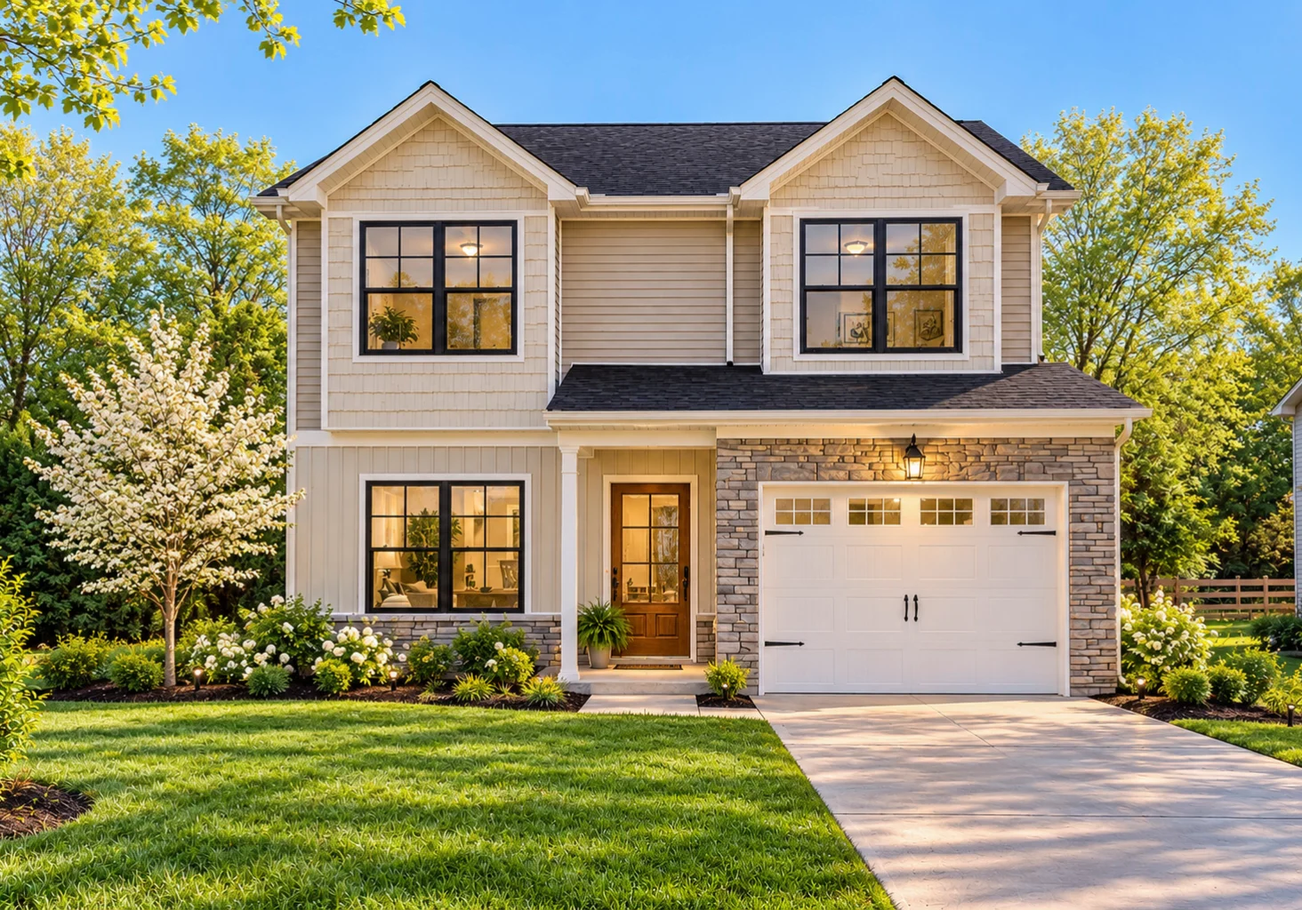 Craftsman-style house with blooming dogwood tree