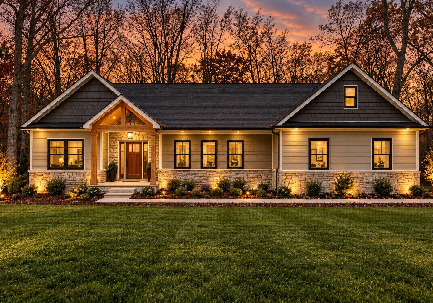 New construction home exterior with landscaping lights