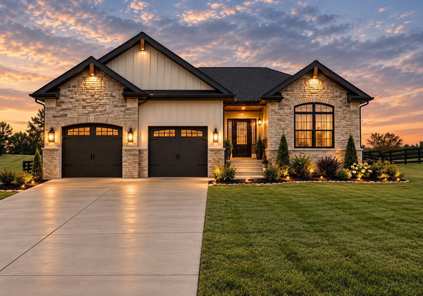 Modern stone house at sunset