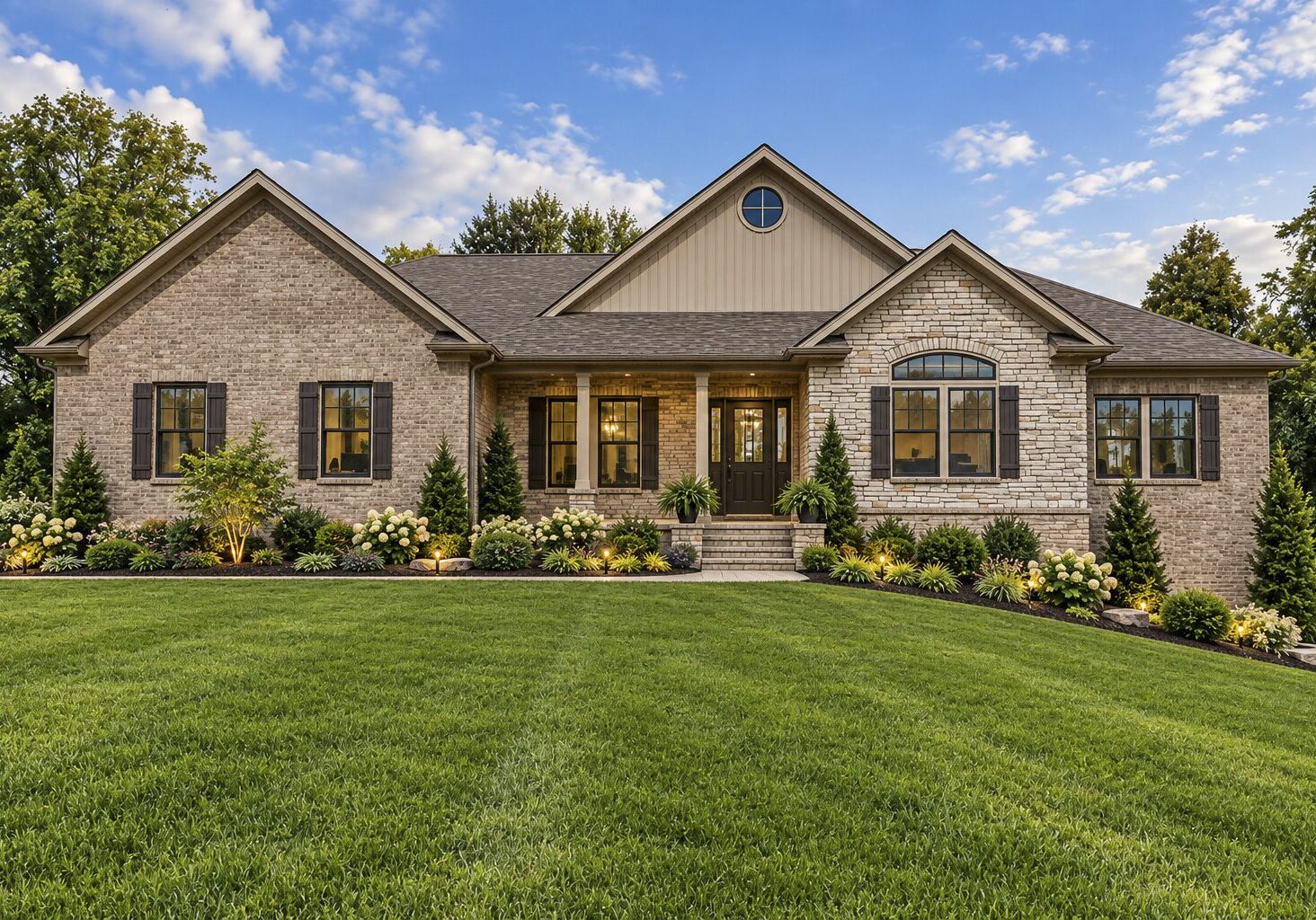 Elegant home with green lawn and shrubs