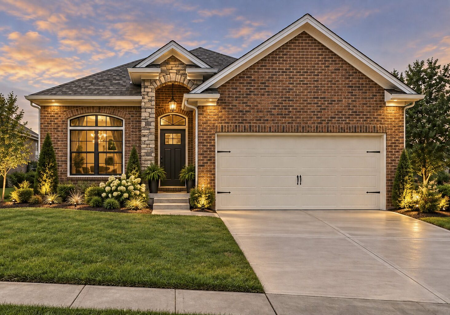 Beautiful suburban house with attached garage and lights