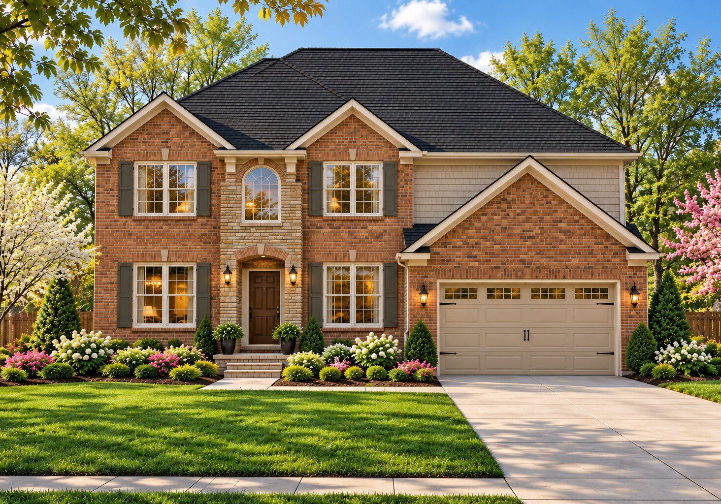 Beautiful suburban home with blooming trees