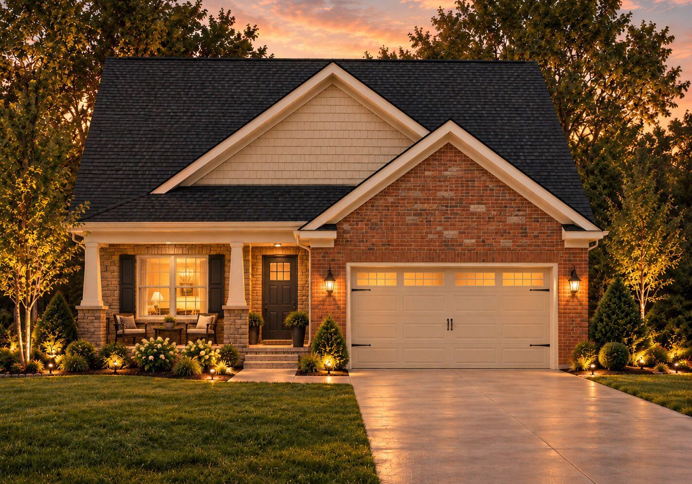Brick house with illuminated porch and garage at sunset