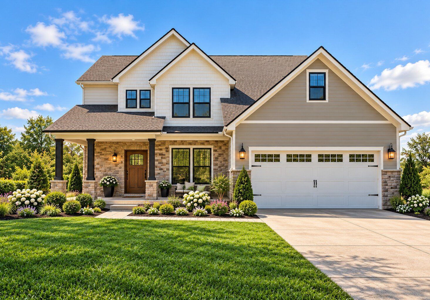 New suburban house with green lawn and driveway