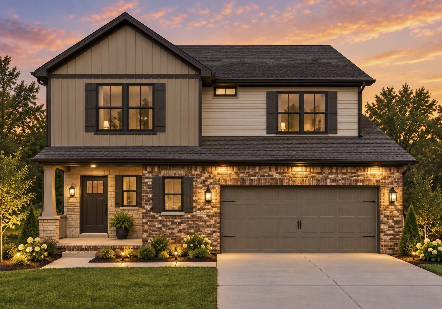 Modern two-story house at sunset