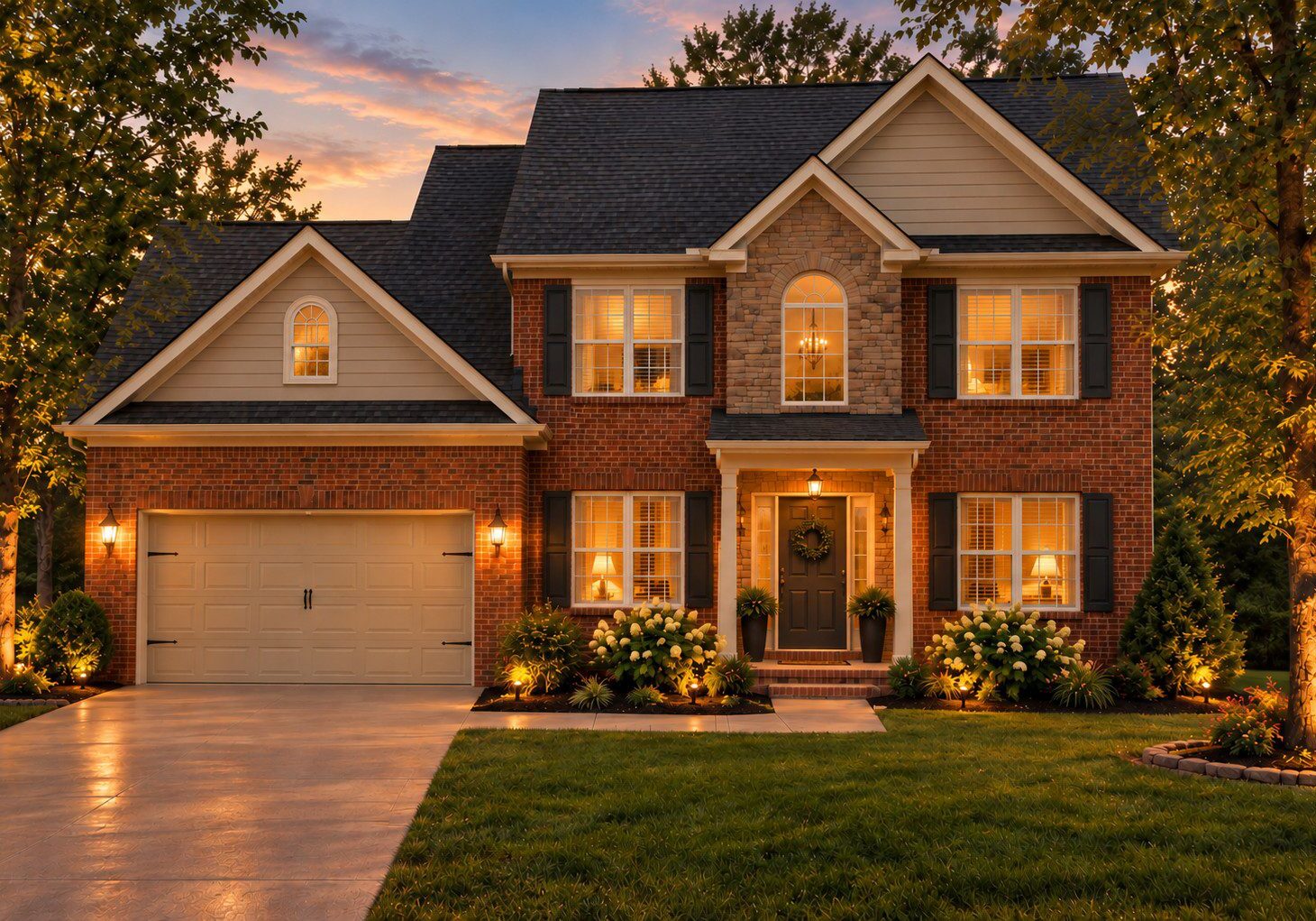 Suburban house with stone and brick exterior